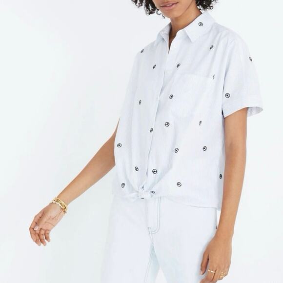 Madewell Embroidered Peace Sign Short Sleeve Tie-Front Shirt Size S - Picture 1 of 9